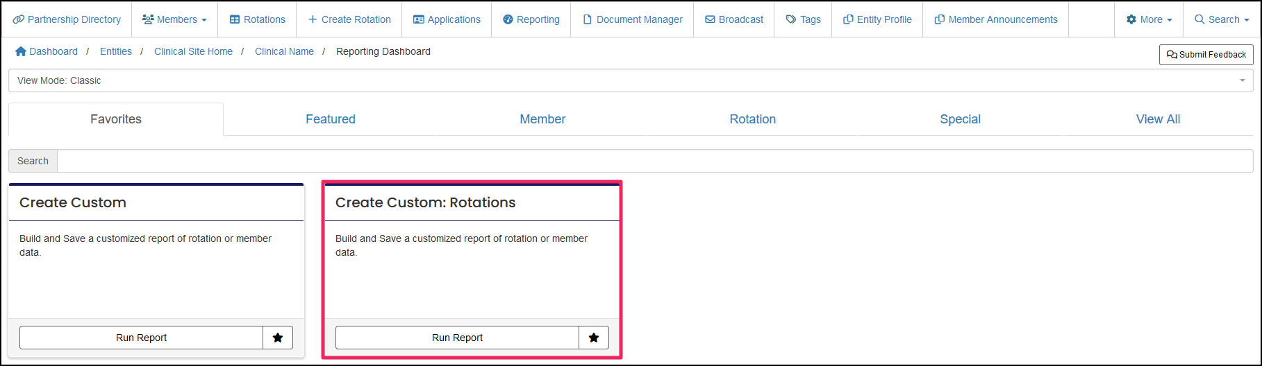 image shows favorites tab in reporting dashboard with saved report congif
