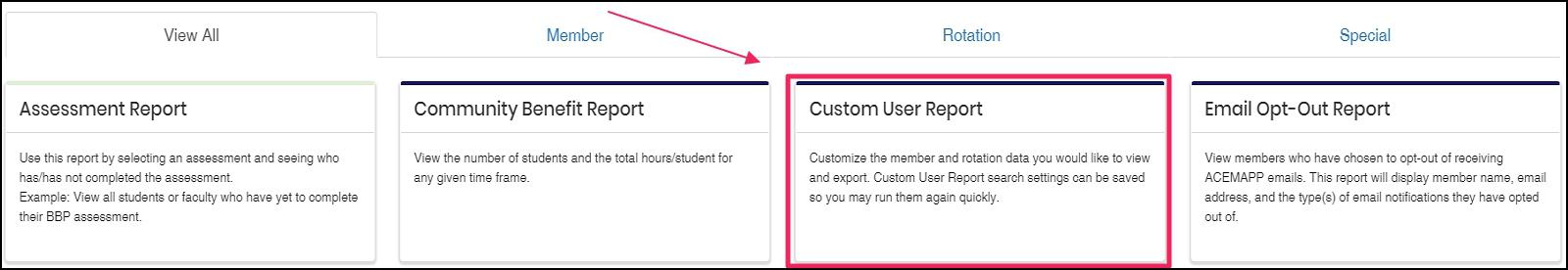 image Reports screen highlighting Custom User Report tile