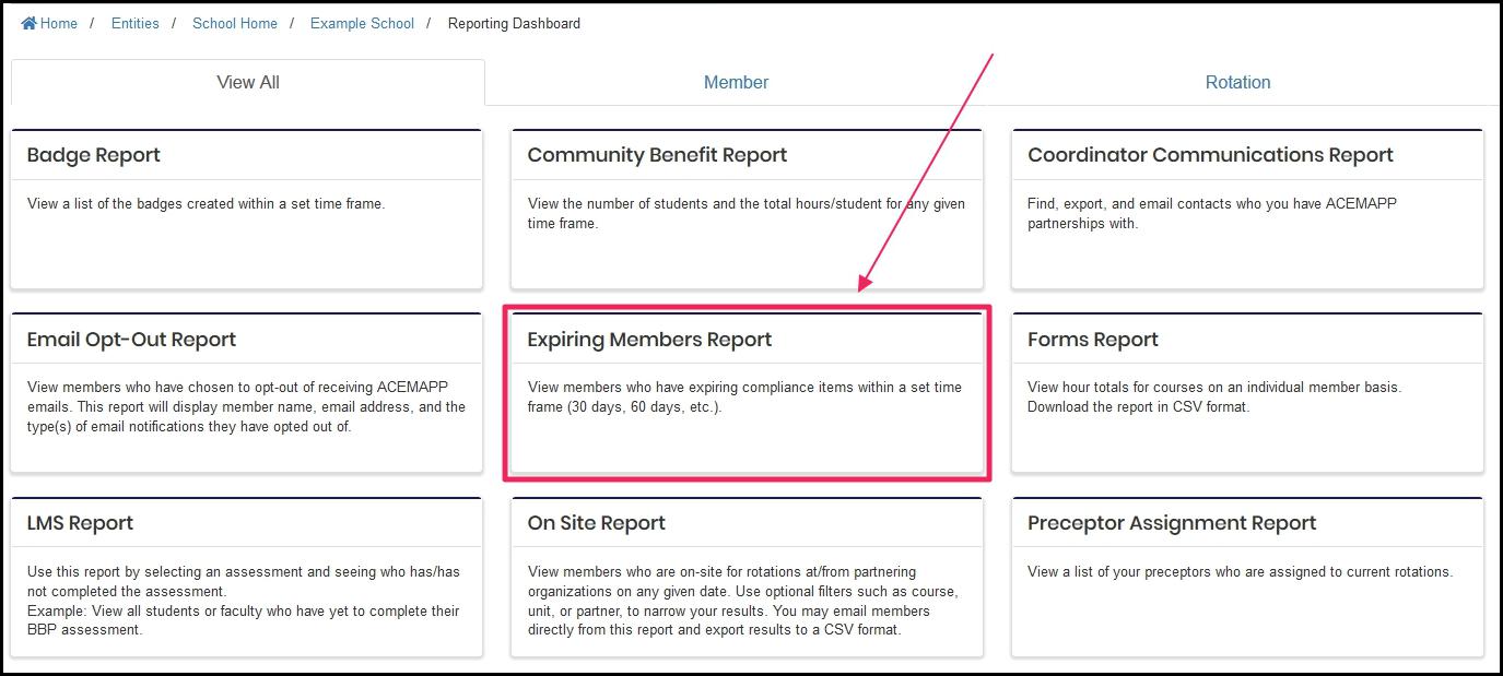 box with an arrow pointing to expiring members report