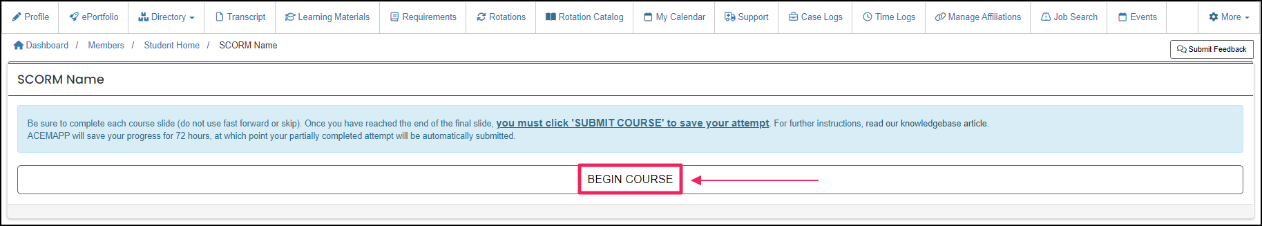 image of Begin Course button example