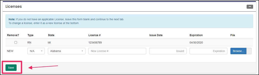 image shows add license fields