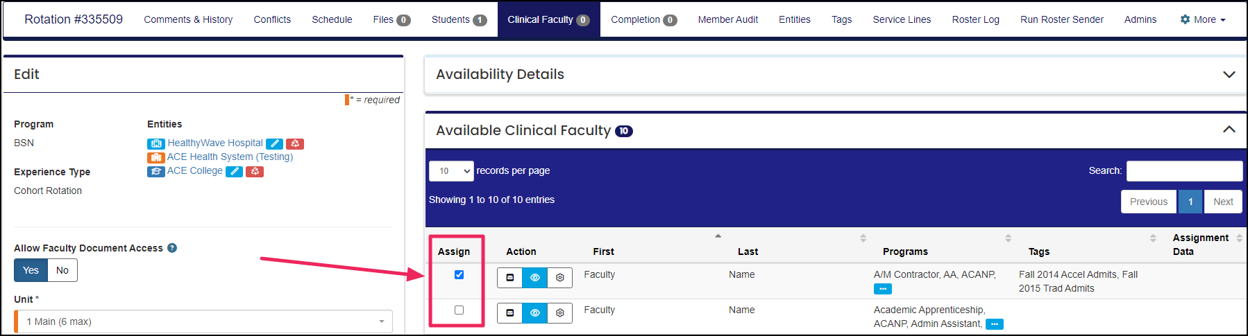Image shows faculty tab of rotation edit page with an arrow pointing to checkboxes to assign faculty members.