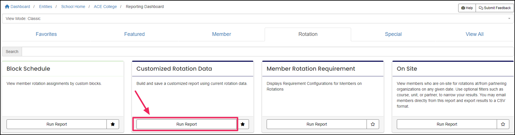 Image shows customized rotation data report and run report button.
