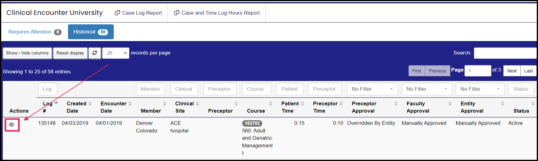 Image pointing to eye icon under Actions column on FNP [Assigned] Case Logs page from preceptor view