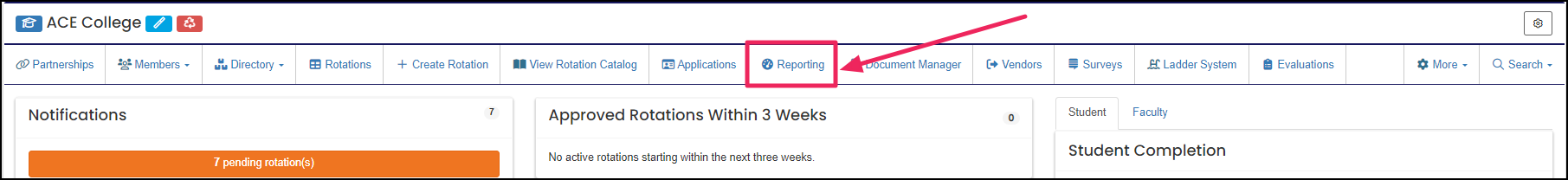 home page highlighting Reporting button on nav bar