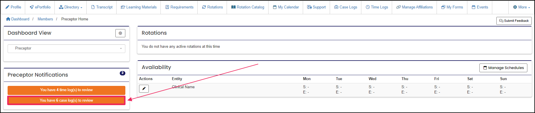 Image pointing to Manage Case Logs button in Preceptor Notifications section