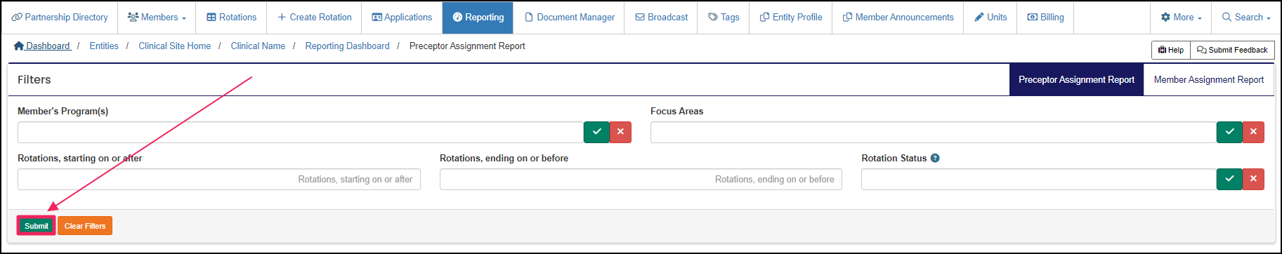 report filters section pointing to Submit button