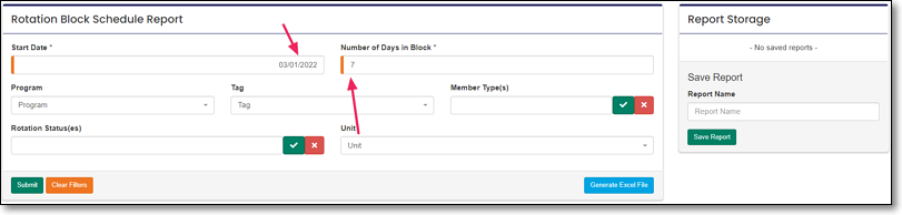 report filter section pointing to start date and number of days in block fields