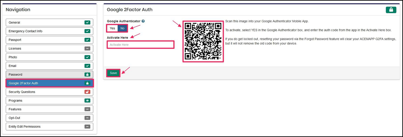 Google 2Factor Auth page highlighting Google Authenticator toggle, barcode to scan into App, Activate Here field and Submit button