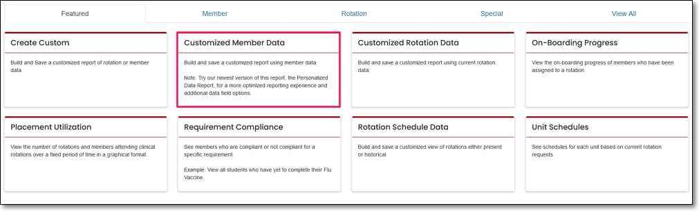 image Reports screen highlighting Customized Member Data tile