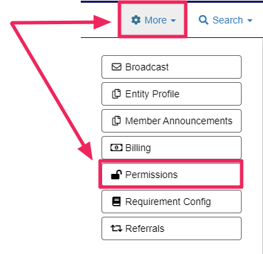 Arrow pointing to "More", and arrow pointing to "Permissions"