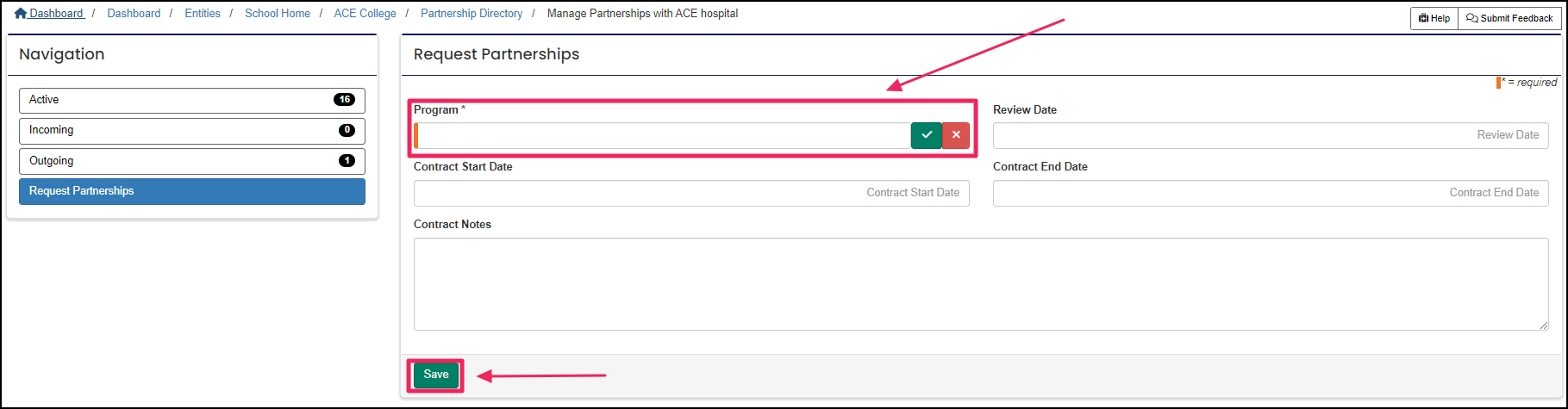 Image shows request partnerships form highlighting program field and save button.