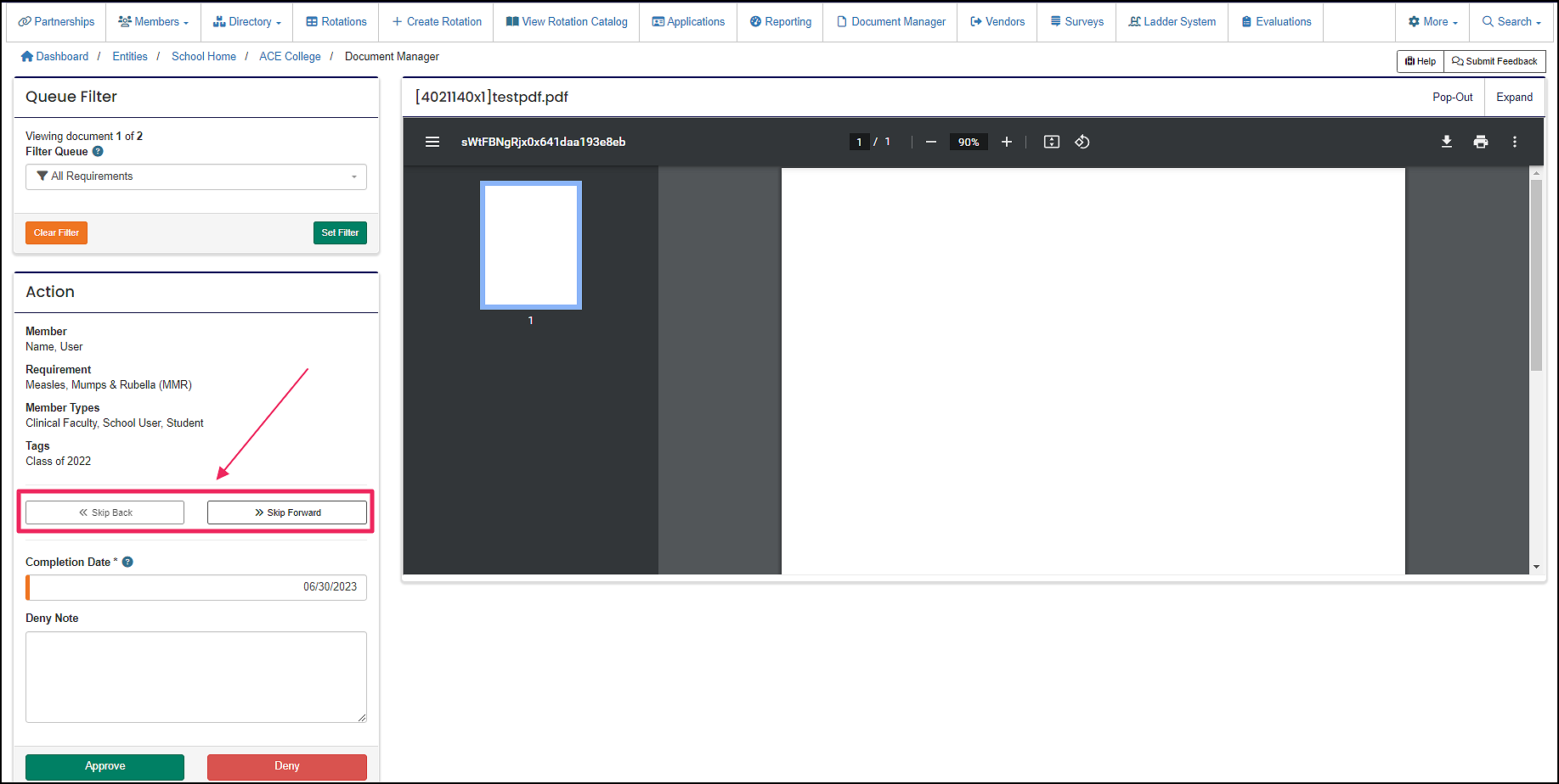 Image shows skip forward and skip back buttons within document queue.