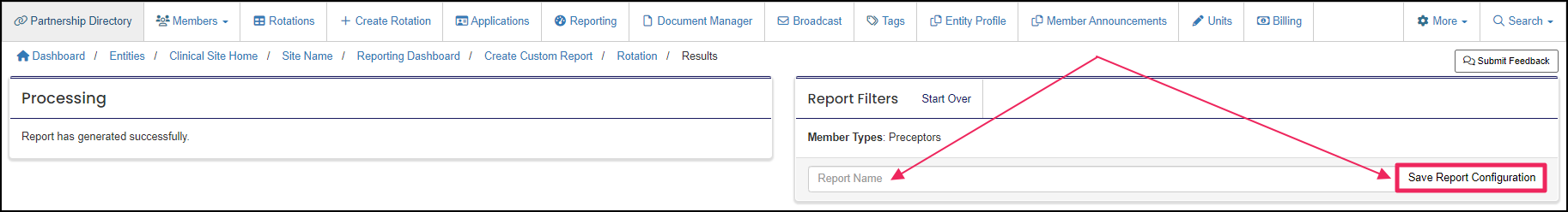 Report Name and Save Report Button