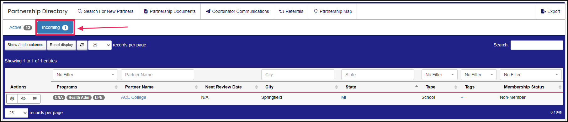 Image shows incoming tab of partnership directory.