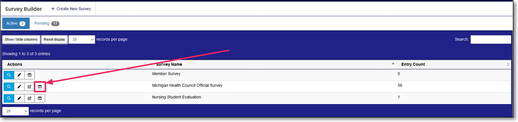 survey builder screen highlighting report icon in the actions column