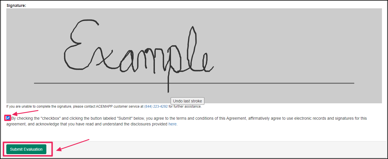 Image shows signature box and submit evaluation button.