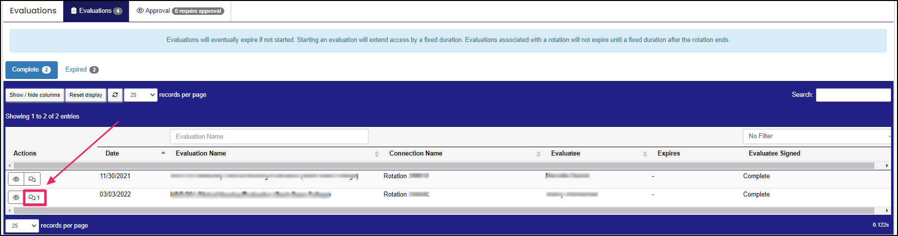 Image shows comments button in evaluations table.