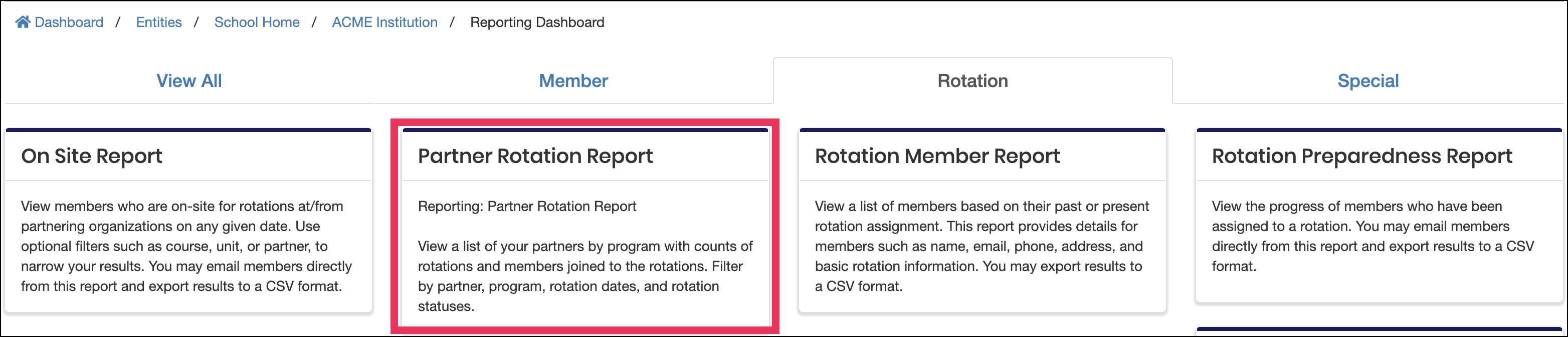Report Dashboard highlighting Partner Rotation Report