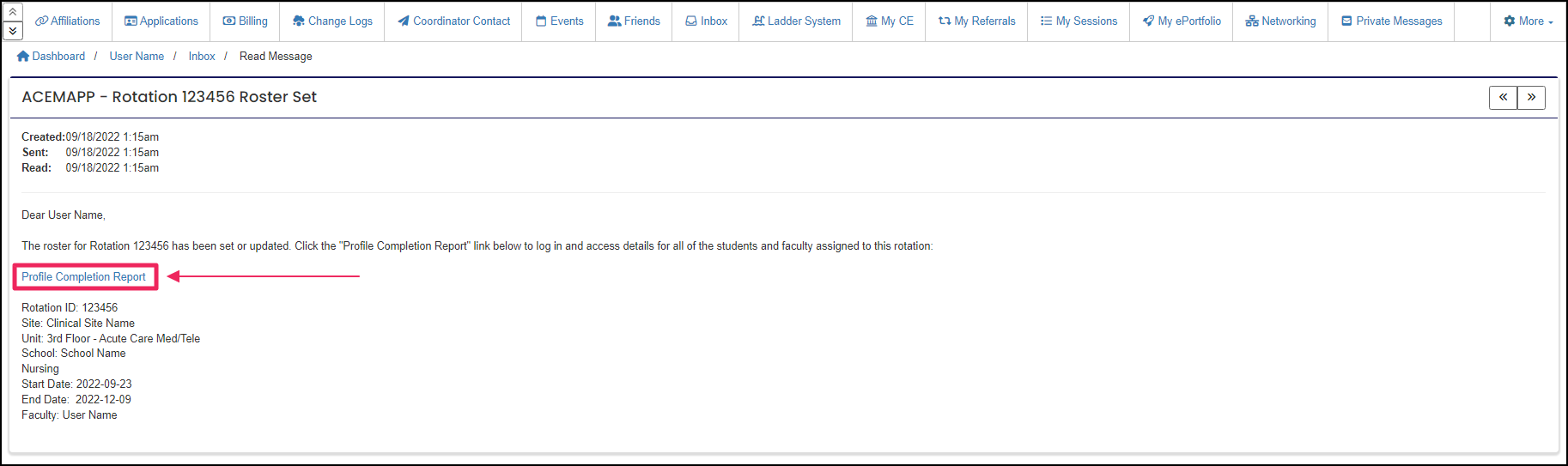 image shows email example for profile completion report