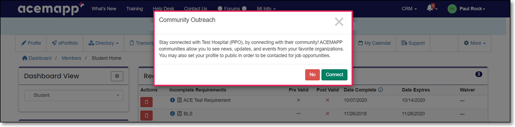 screenshot of Community Outreach prompt to connect