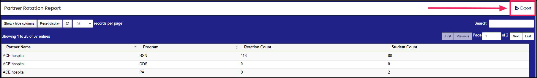 partner rotation report table highlighting export button