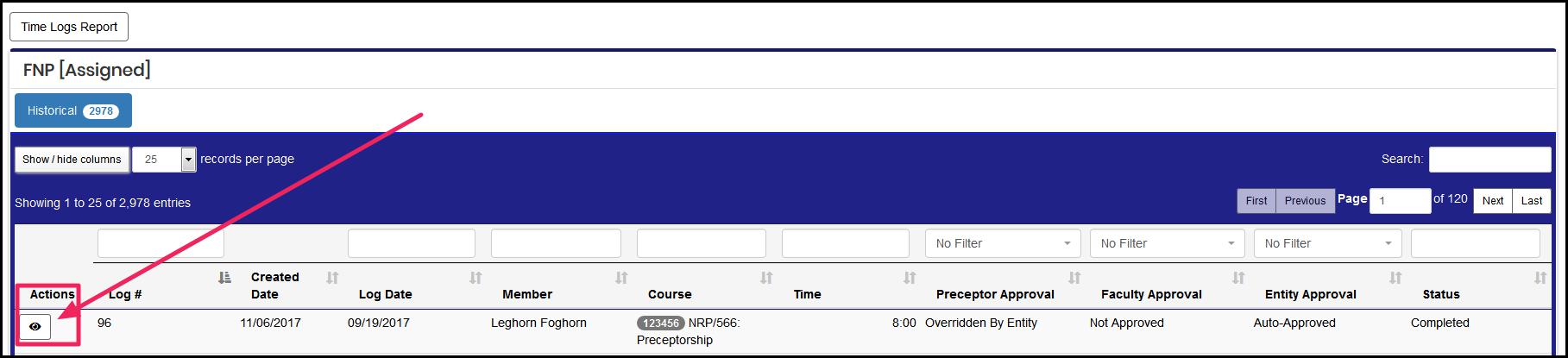 Image pointing to eye icon under Actions column on Time Logs page from faculty view