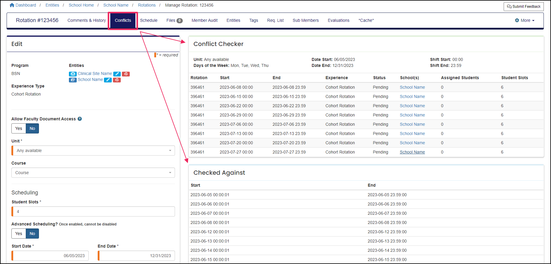 Image shows the conflicts tab and the Conflict Checker box with conflicting rotation.