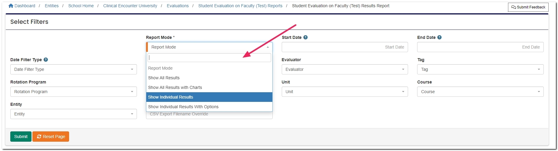 evaluations report filters highlighting Report Mode select field