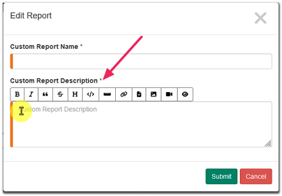 Edit Report screen highlighting Custom Report Description text area field