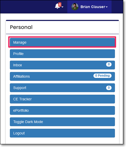 members name/avatar dropdown menu highlighting Manage button