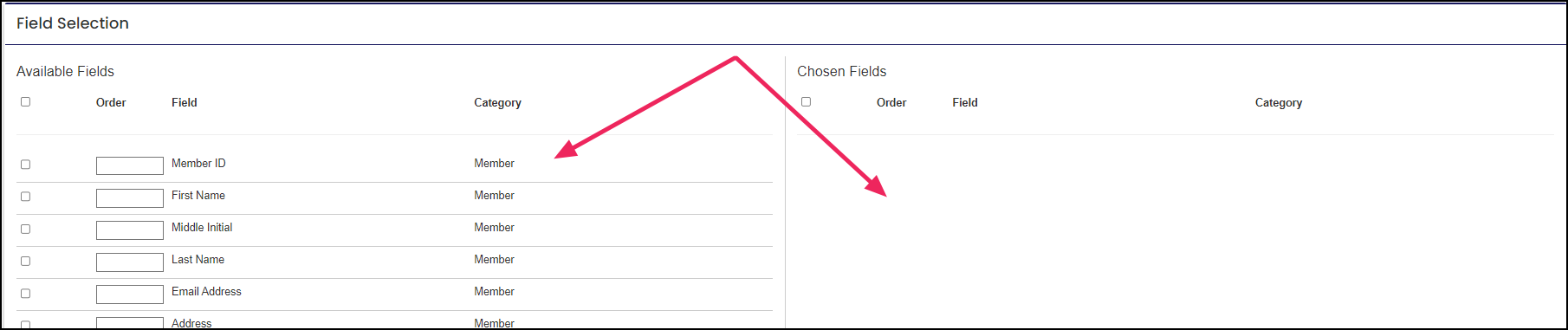 Image shows available fields and chosen fields.