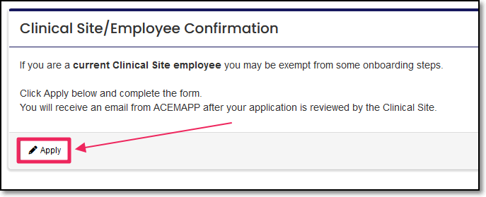 Clinical Site/Employee application panel highlighting the Apply button.