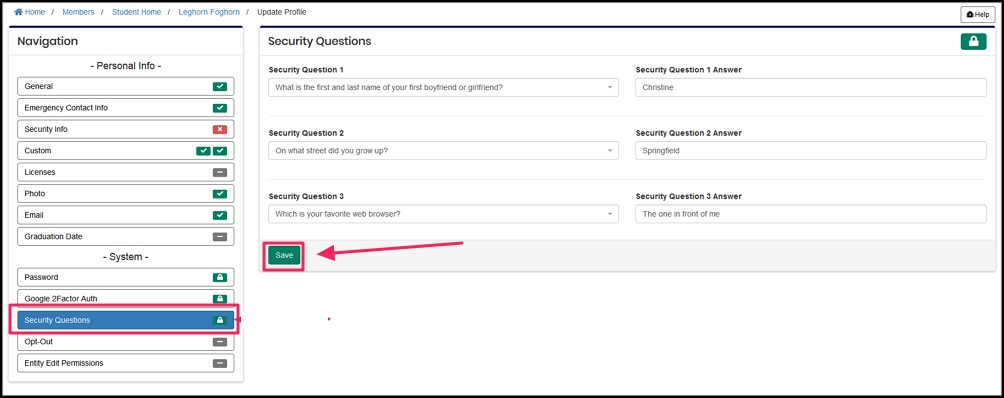 image shows security questions