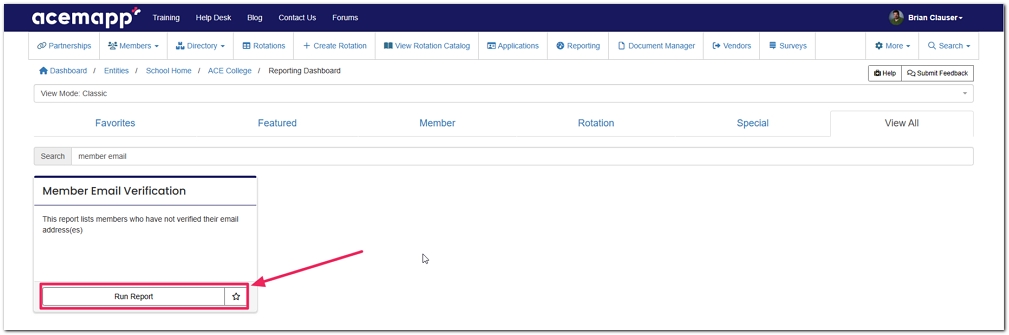 reporting dashboard highlighting run report button on the Member Email Verification tile
