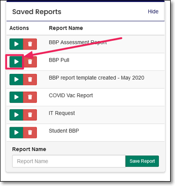 image showing arrows pointing to the load button and the drop-down menu under the load a saved report field