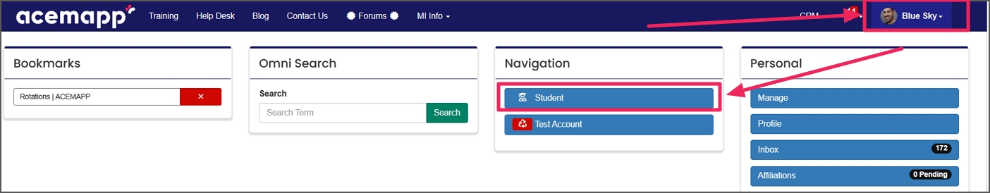 image shows clicking member name and selecting student in navigation panel