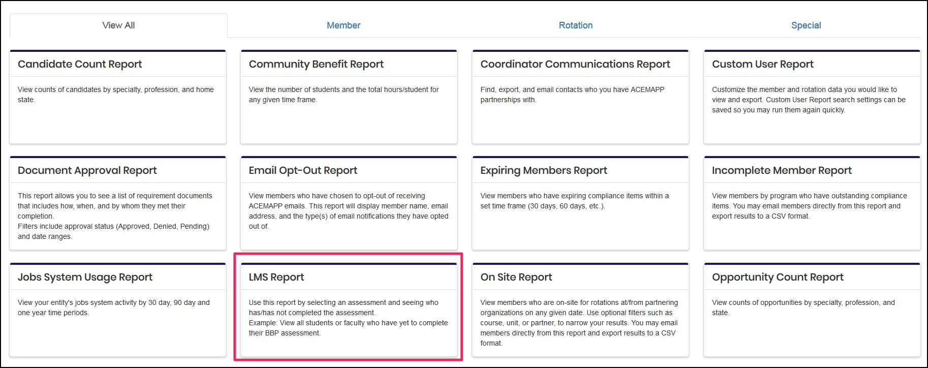 image Reports screen highlighting LMS Report