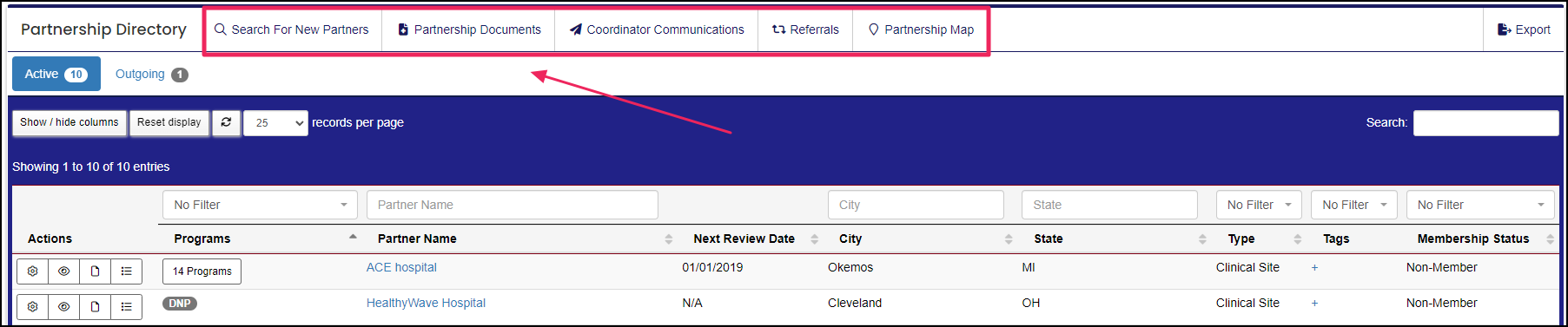 partnership directory nav-bar highlighting search, documents, communications, referrals, and map buttons