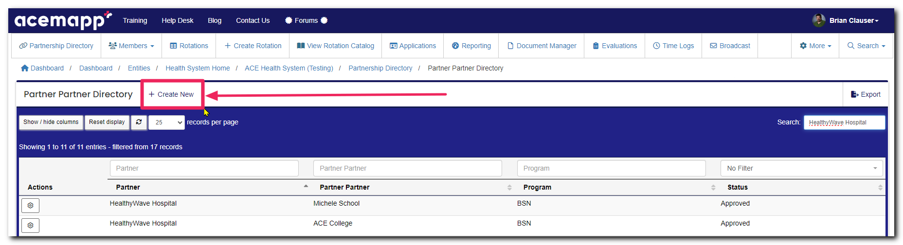 Partner Partner Directory page highlighting Create New button