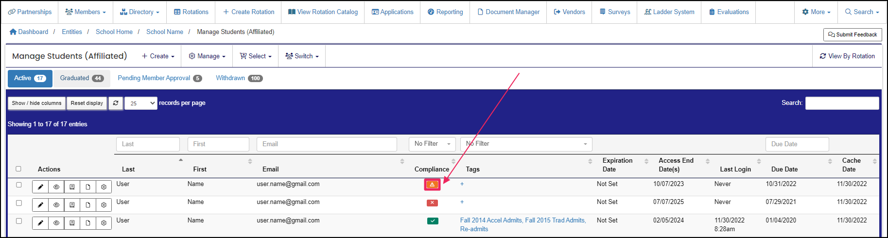 Manage member by affiliation table highlighting expired compliance items