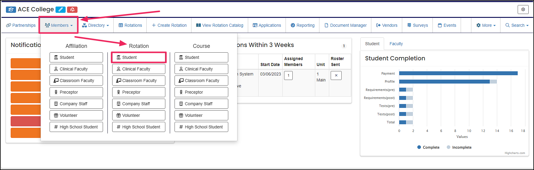 Image shows members dropdown with an arrow pointing to a student under Rotation.