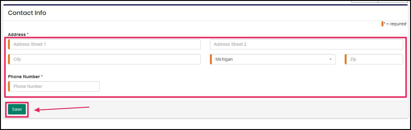 Coordinator Contact form highlighting form fields and Save button