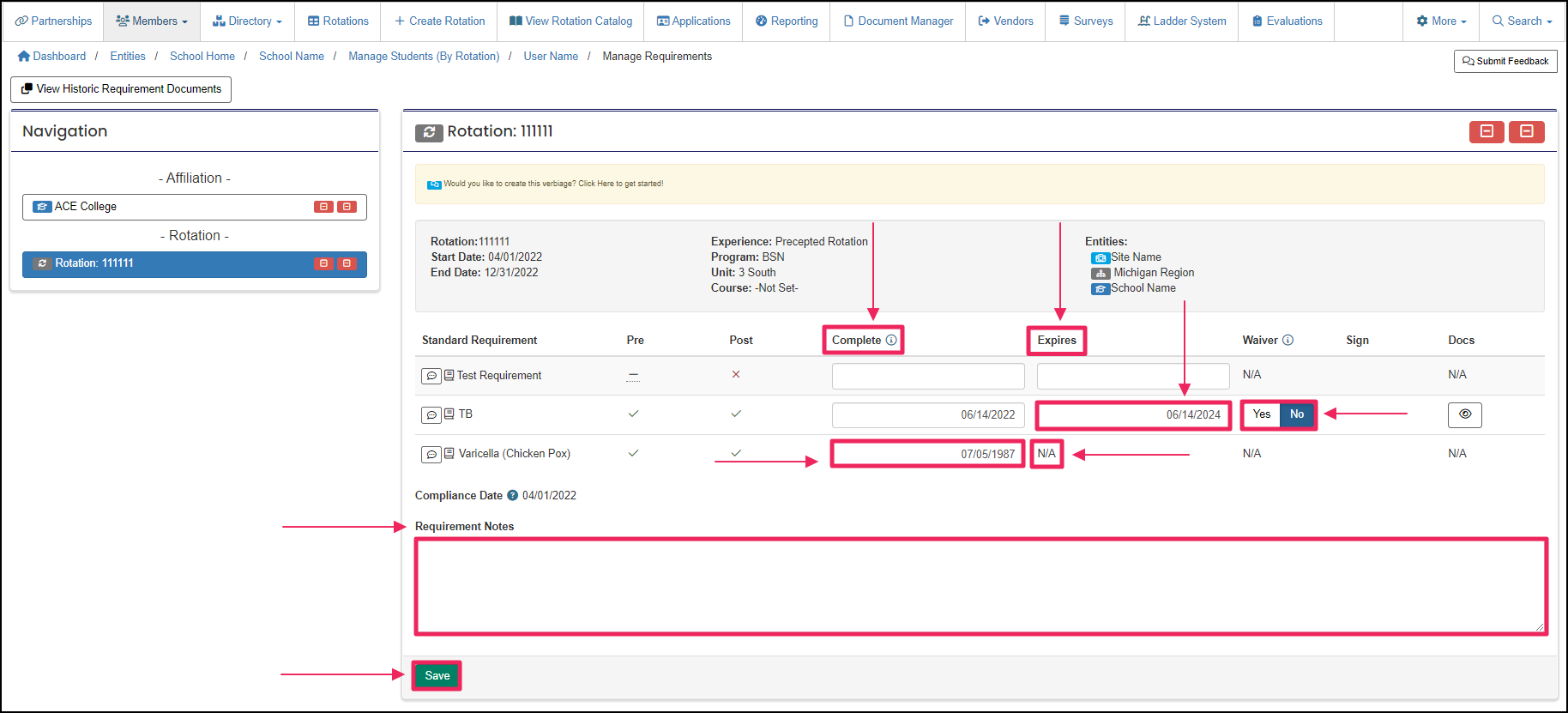 Requirements page highlighting Complete and Expiration date column/fields, Requirement Notes area, and Save button