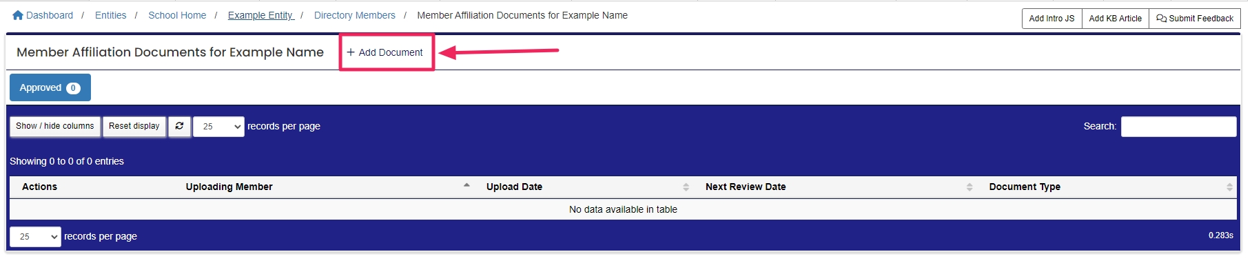 Member Documents table highlighting "+ Add Document" button