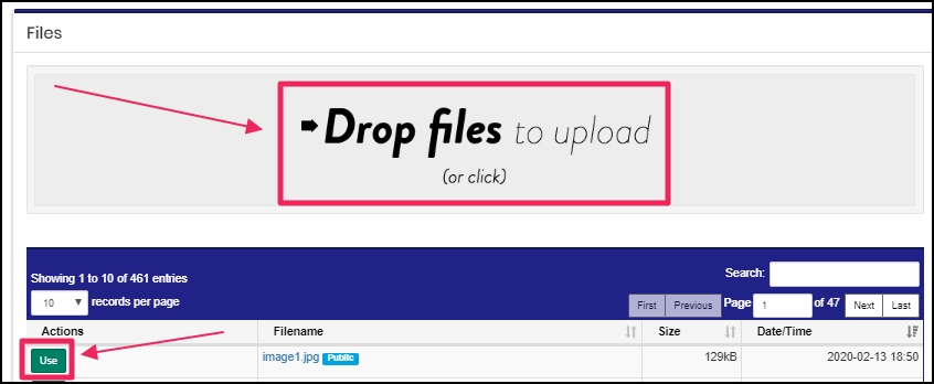 image shows file manager location to click use or drop to upload