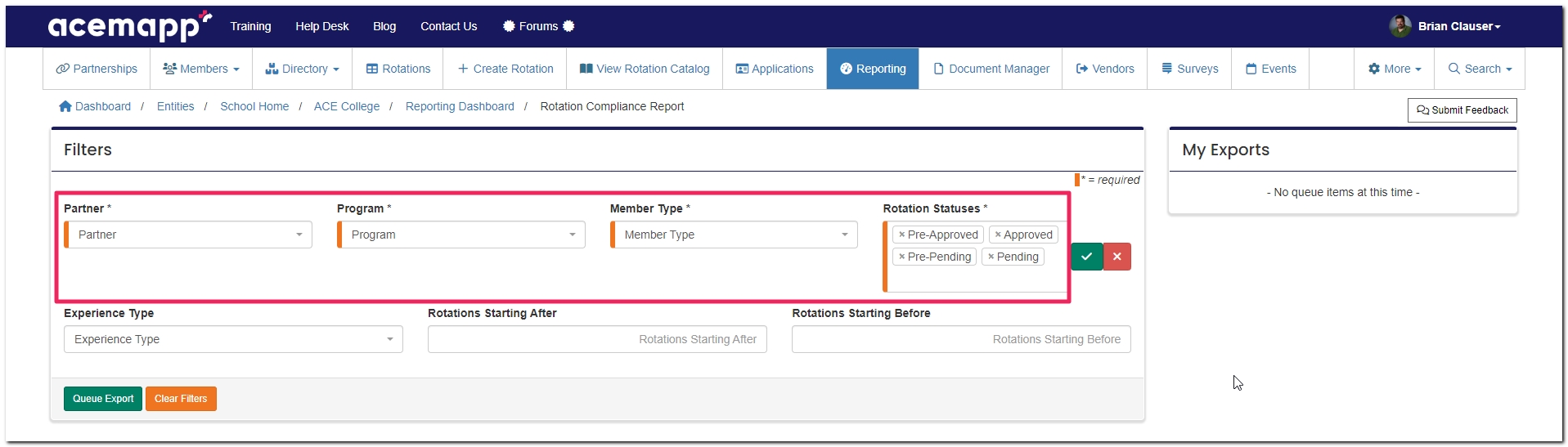 Rotation Compliance report filters panel highlighting required filters