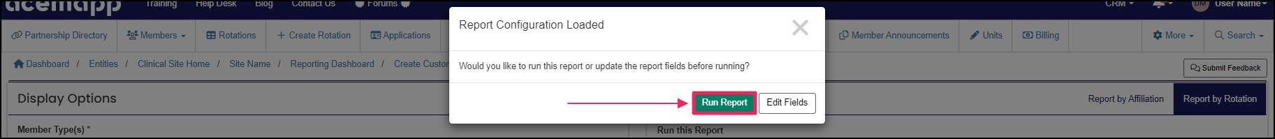 Image shows run saved report pop-up and button
