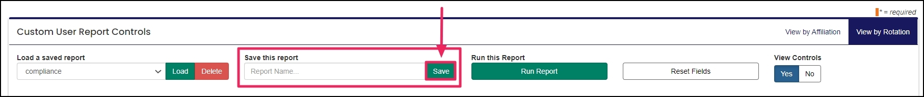 image with an arrow pointing to the save button under the "save this report" field