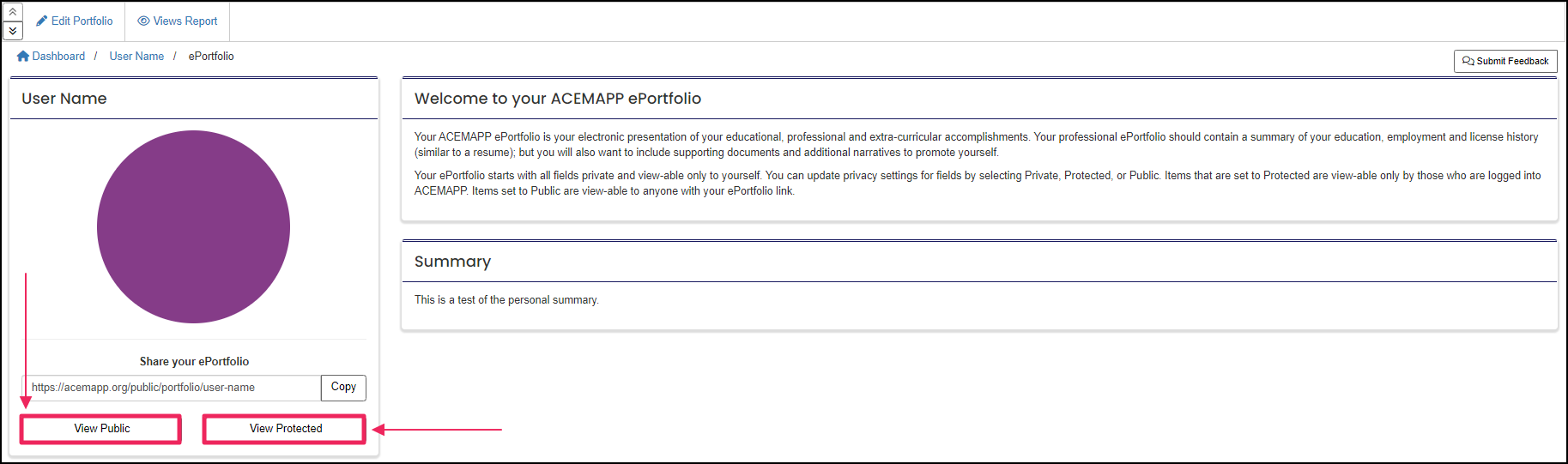 Image showing arrows pointing to the public and private features of the ePortfolio